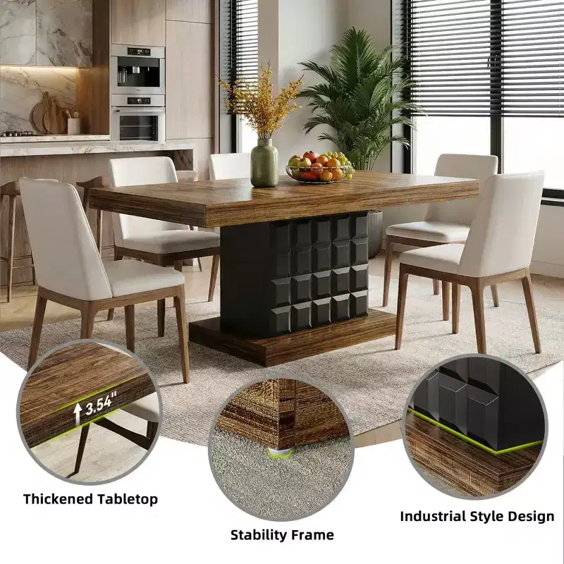MAYEERTY 63 Modern Geometric Dining Table, Brown MDF Top Cubed Black Base Kitchen Table