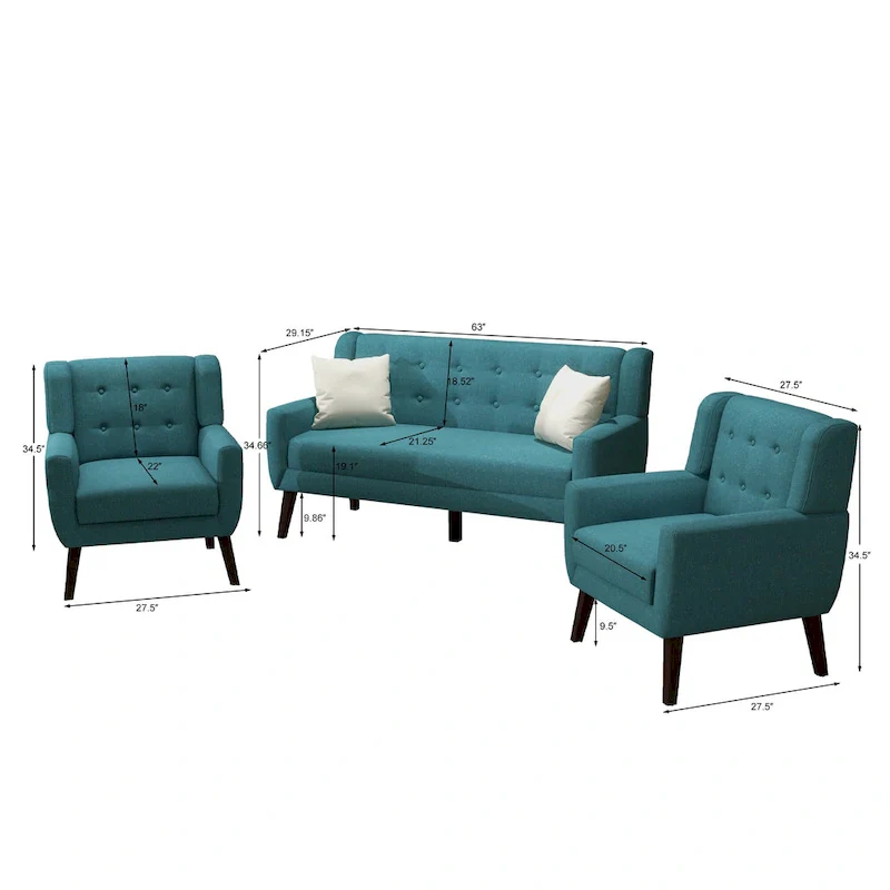 Modern Curved 63 Button Tufted Upholstered Loveseat with 2 Accent Chairs
