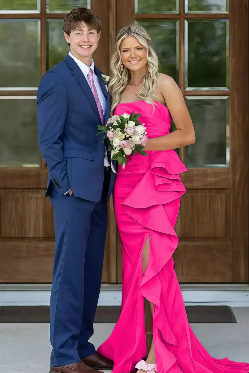 Pink Mermaid Strapless Satin Ruffled Long Prom Dresses with Slit