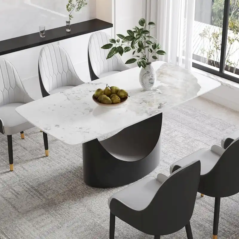 71 Black Marble Sintered Stone Table Top,Rectangle Dining Room Table with Unique U-Shape Black Carbon Steel Pedestal