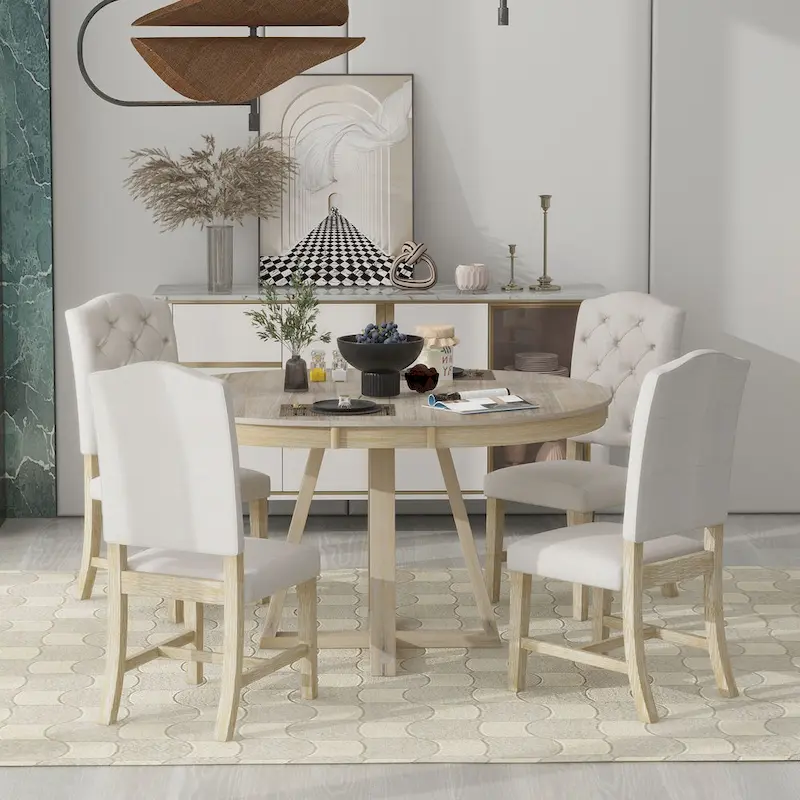 5 Piece Extendable Round Dining Table Set, Wooden Kitchen Furniture Set with Removable Leaf and 4 Upholstered Chairs