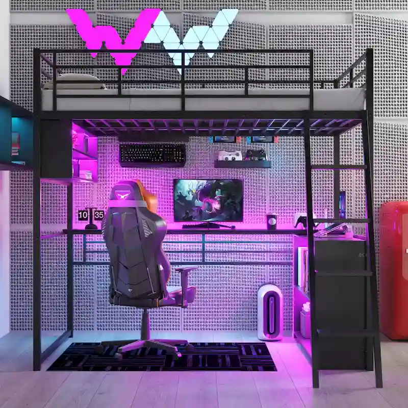 Black Full Size Loft Bed with LED Lighting & Desk, Single