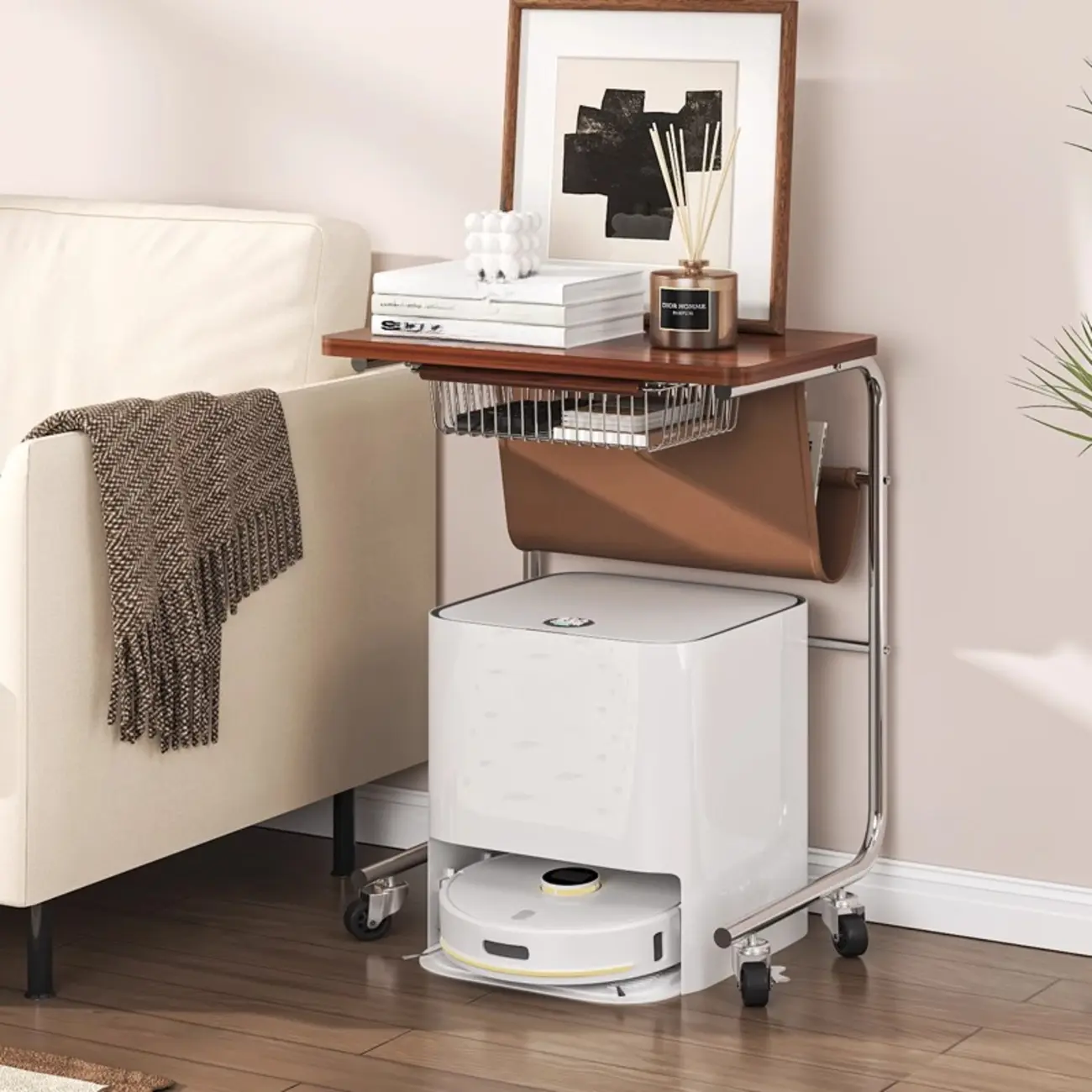 Brown Wood Top C-Shaped Sofa Side Table with Wheels