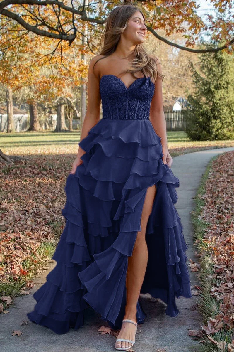 Royal Blue Chiffon Sweetheart Ruffle Tiered Long Prom Dress