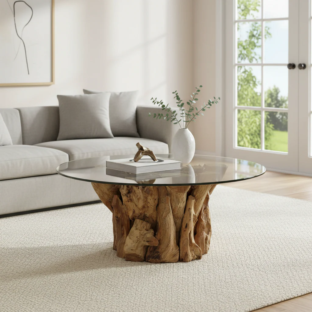 Natural Teak Wood & Clear Glass Coffee Table