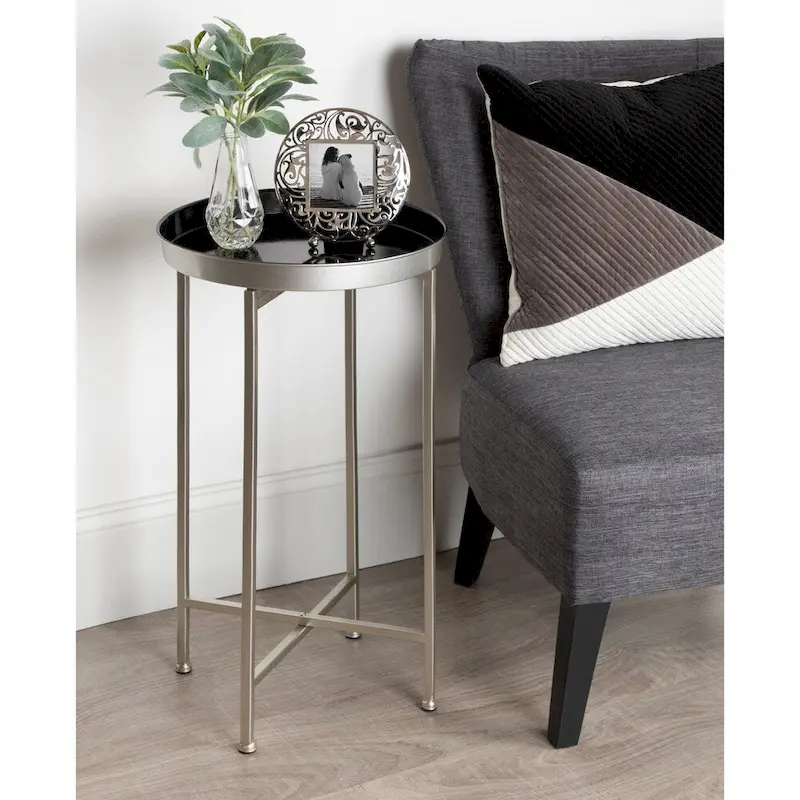 Navy Blue Silver Base Round Foldable Tray Side Table