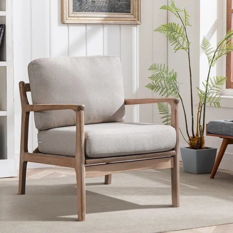 Mid-Century Accent Chair with Solid Wood Frame and Removable Cushions
