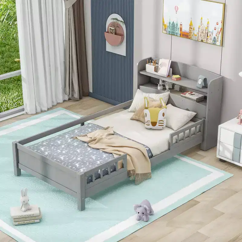 Kids Bed with Storage Headboard and Built-in LED Light, Wood Platform Bed Frame with Guardrail for Girls Boys