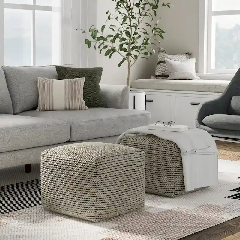 Boho Square Outdoor Indoor Pouf in Cream