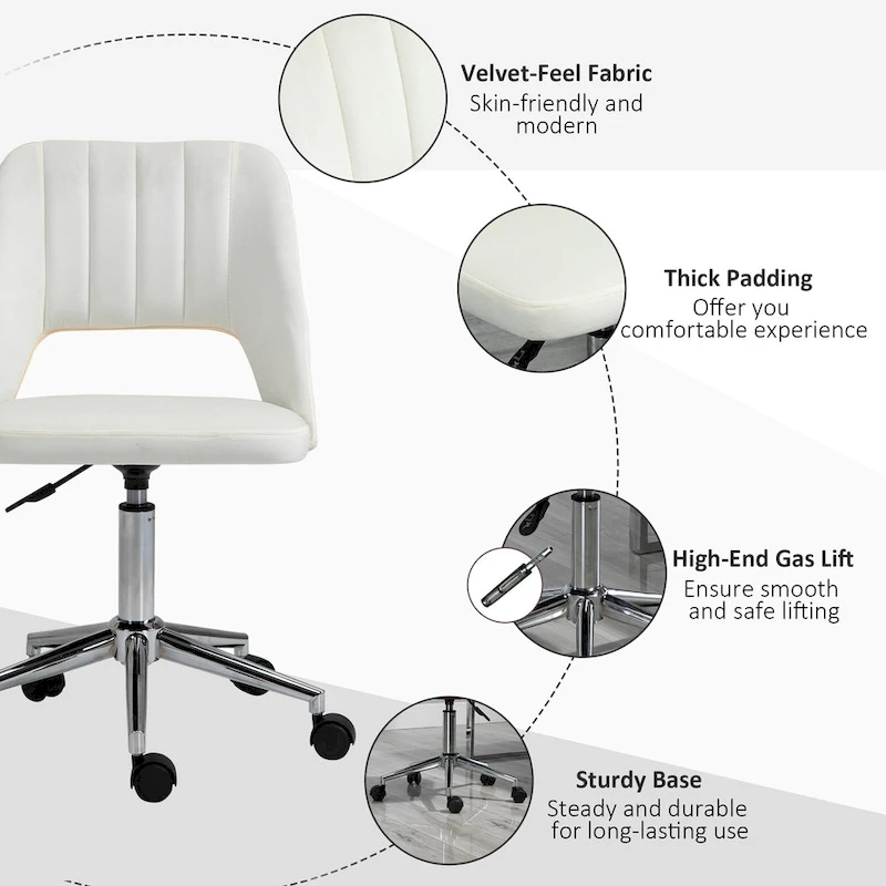 Vinsetto Modern Mid Back Office Chair with Velvet Fabric, Swivel Computer Armless Desk Chair