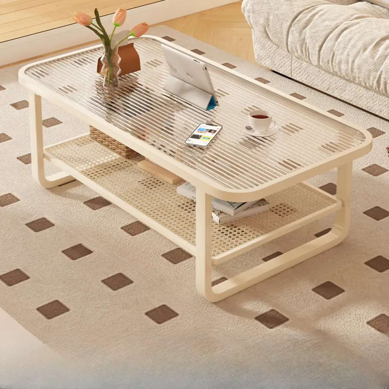 Modern White Rectangle Glass Coffee Table with Shelf