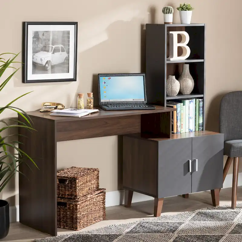Two-Tone Brown and Dark Grey Wood Storage Desk with Shelves