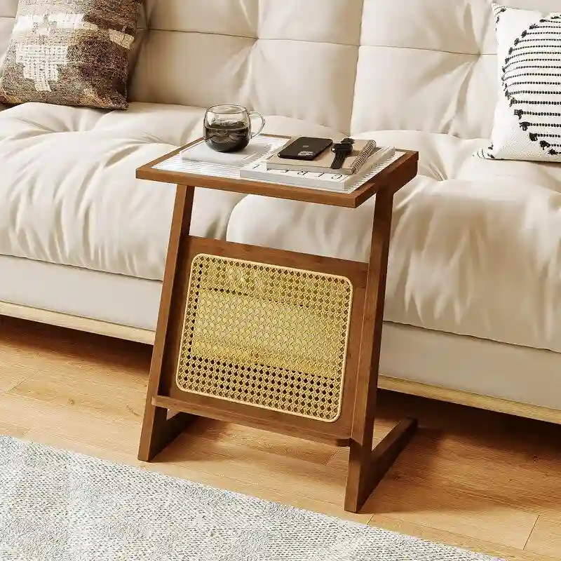 Z-Shape Side Table with Rattan Design and Glass Top