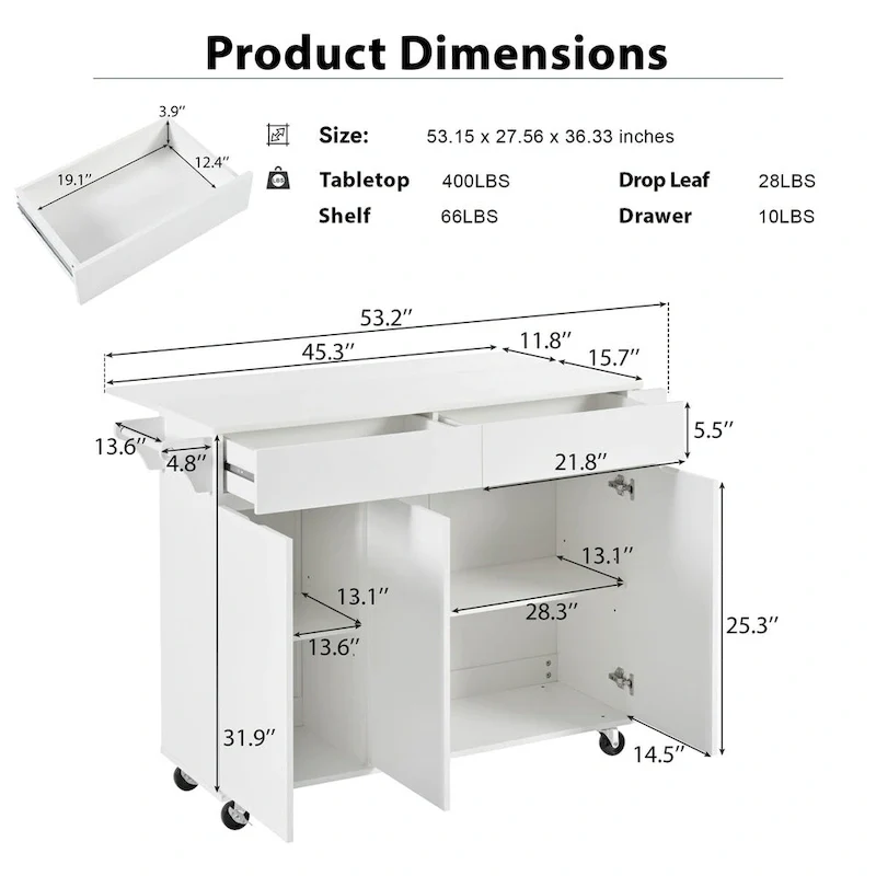53.2in Rolling Kitchen Island with Drop Leaf with Spice Rack 2 Drawers