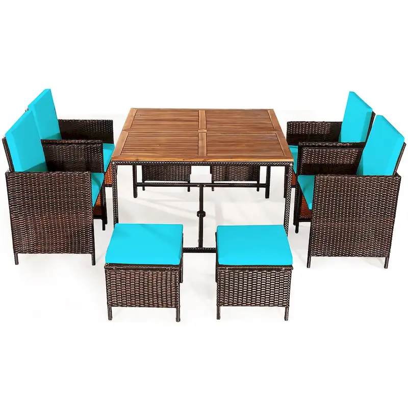 Costway 9PCS Patio Rattan Dining Set Cushioned Chairs Ottoman Wood - See Details