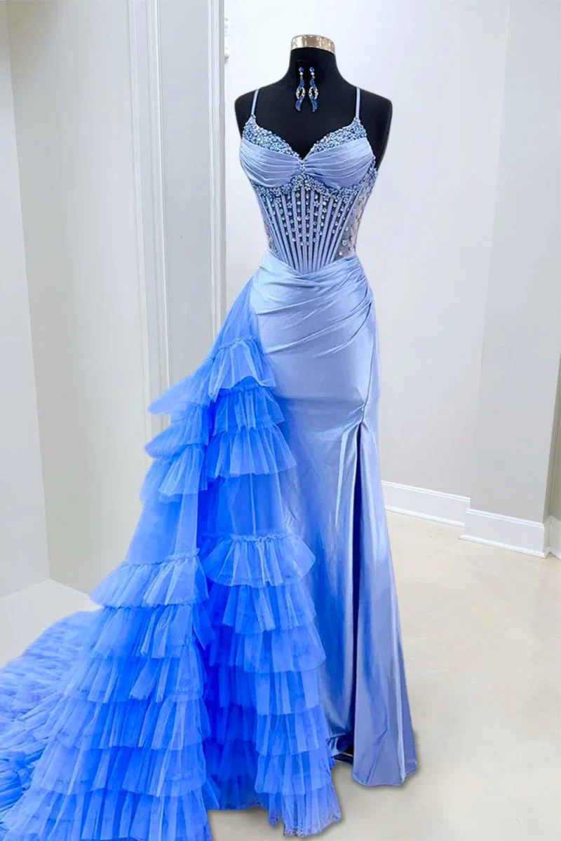 Periwinkle - Spaghetti Straps Mermaid Satin Beaded Prom Dresses With Ruffled Train