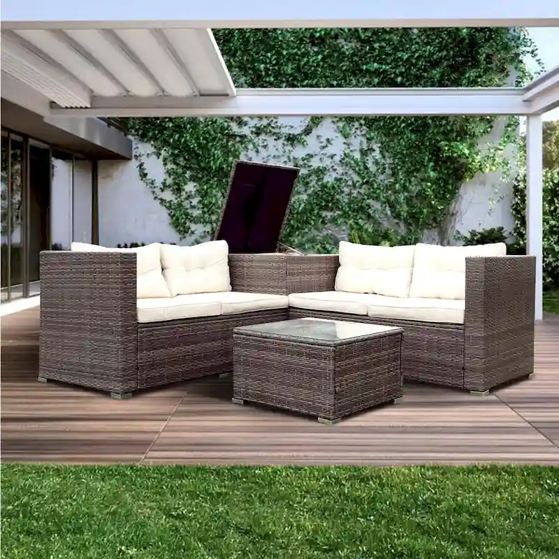 Beige 4-Piece Patio Sectional Wicker Rattan Sofa Set with Storage