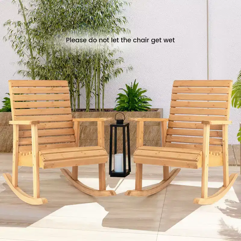 Costway 2 PCS Patio Wooden Rocking Chair High Back Fir Wood Armchair Natural Garden Yard