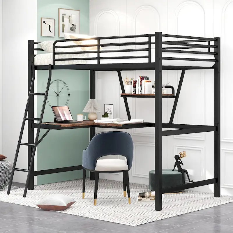 Metal Loft Bed with Desk and Guardrail