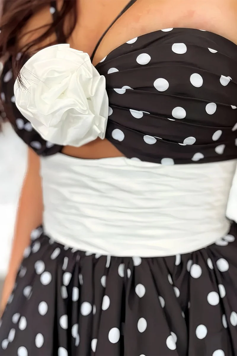 Black - Halter Satin A Line Dot Prom Dresses With Flower