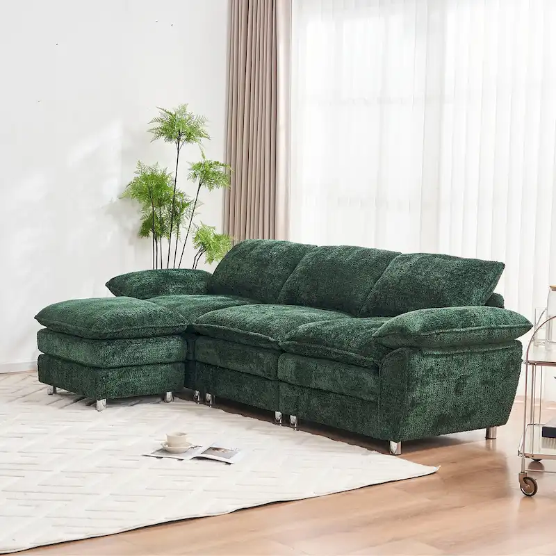 Modern Deep 3-Seat Sofa Couch with Ottoman