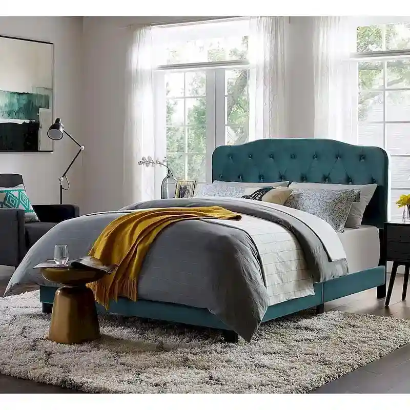 Queen Size Teal Velvet Platform Bed with Button Tufted Headboard