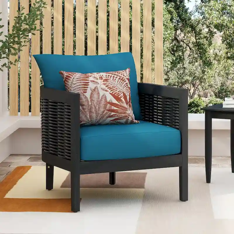 Outdoor Acacia Wood Wicker Club Chair with Waterproof Cushions, Rattan Patio Single Chair for Patio, Club, Yard, Porch