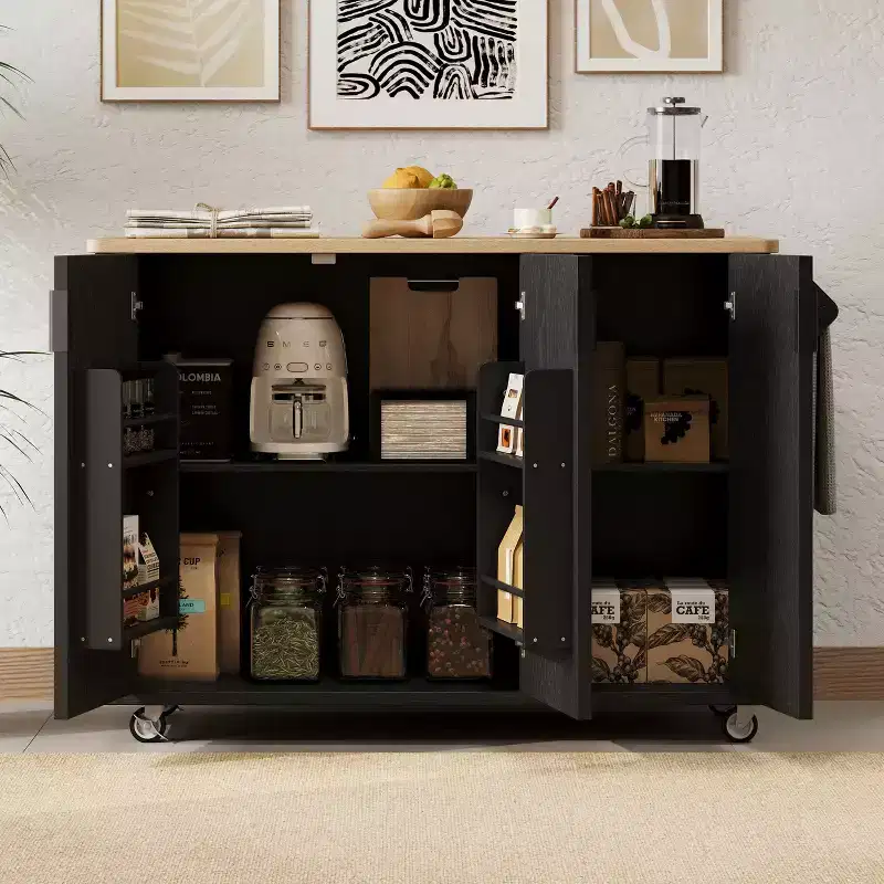 Rolling Solid Wood Kitchen Island with Rubberwood Top, 3 Drawers, 2 Cabinets, Adjustable Shelves, Spice Rack & Locking Wheels  Painted Finish