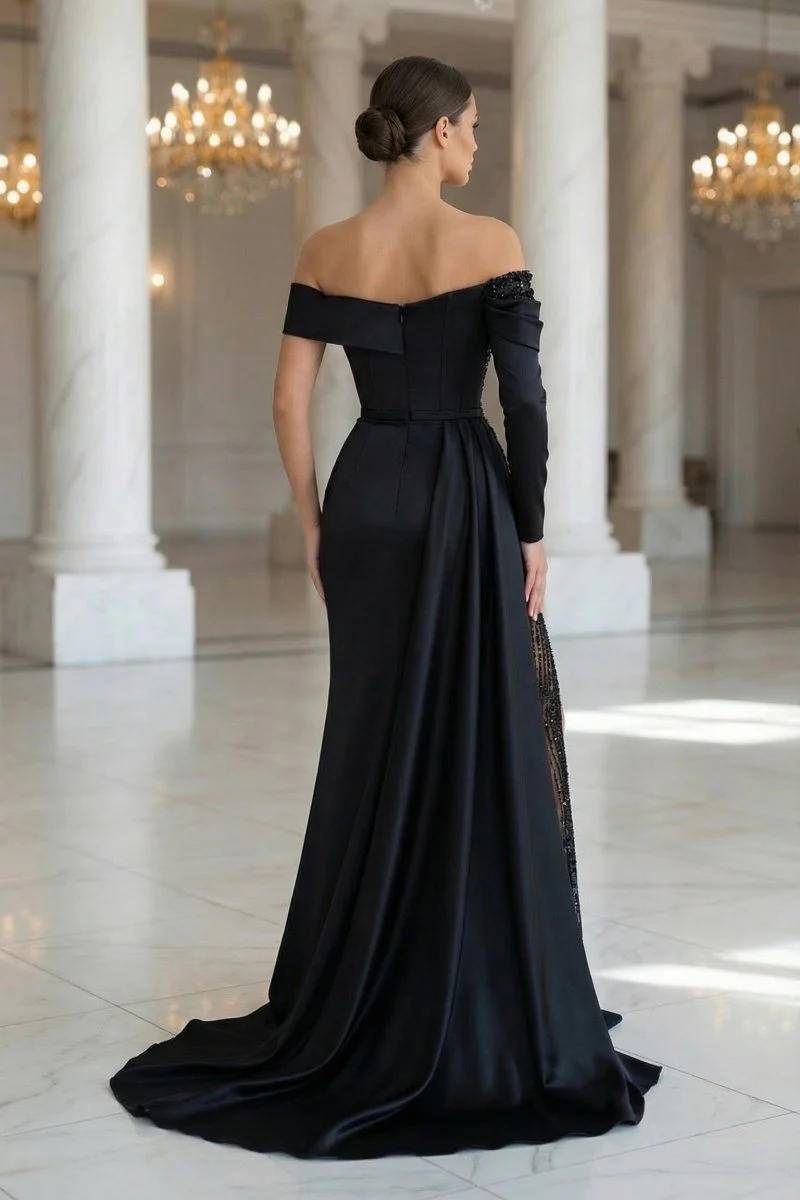 Sheath Off-The-Shoulder Long Sleeves Satin/Sequined Prom Dresses