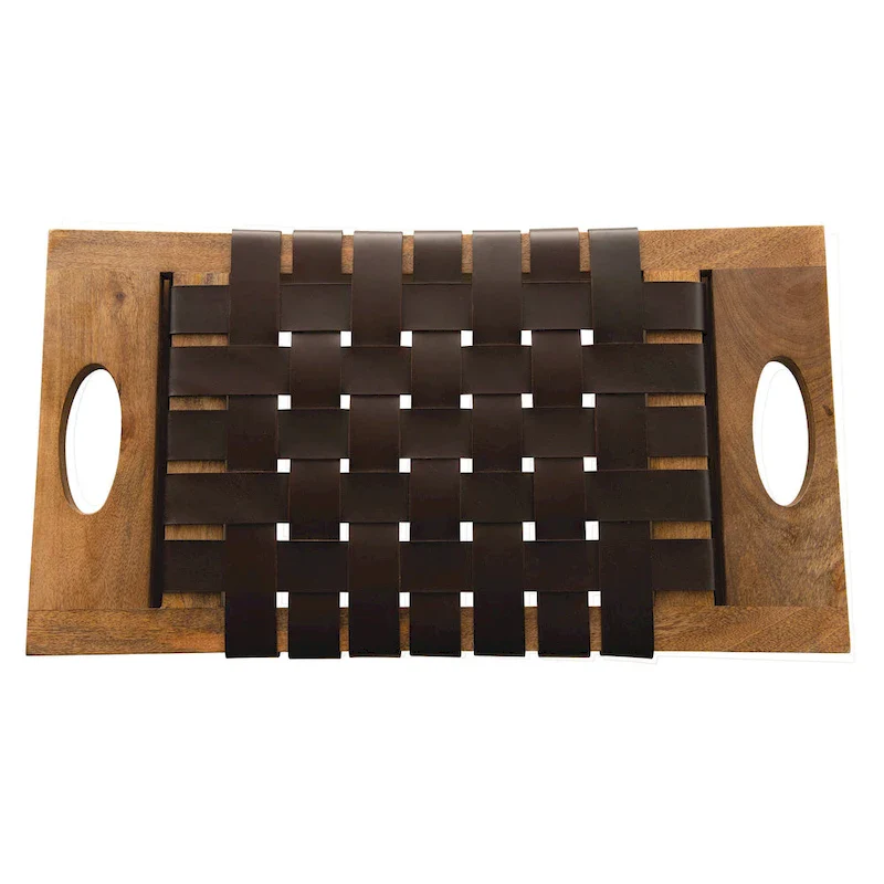 Mango Wood Stool with Woven Leather Top