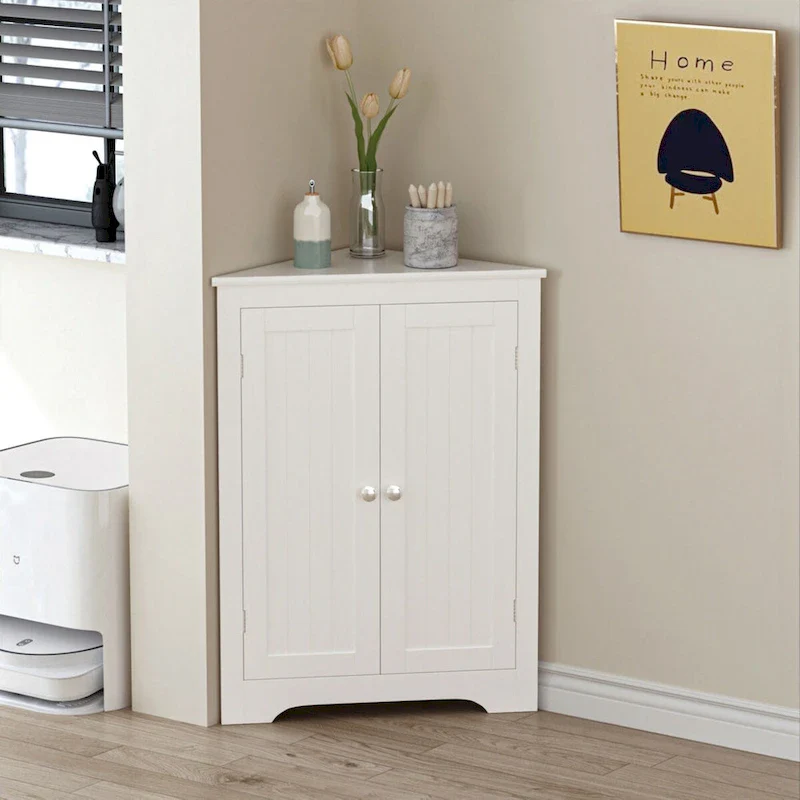 White Corner Floor Cabinet with Glass Doors and Adjustable Shelves – 1 Person Use
