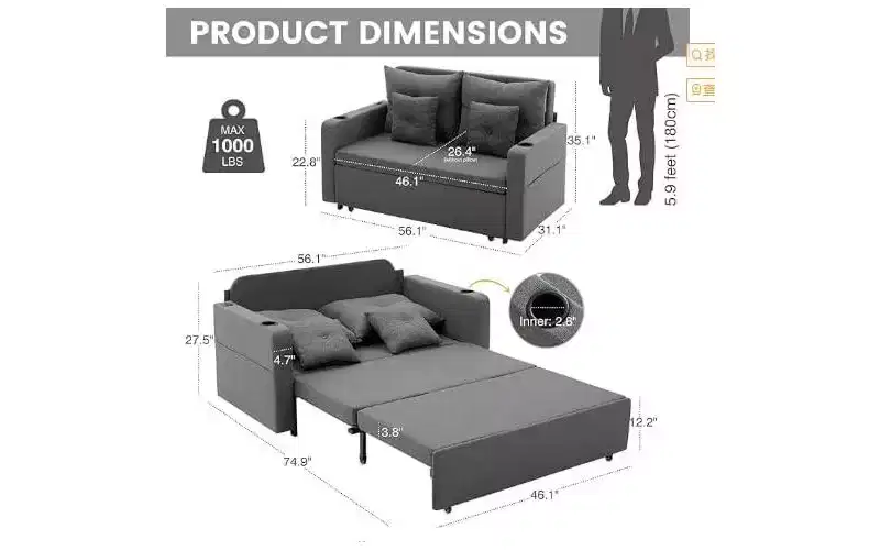 3-in-1 Convertible Pull-Out Sleeper Sofa Bed  Loveseat with Cup Holders & USB for Living Room, Bedroom, Apartment