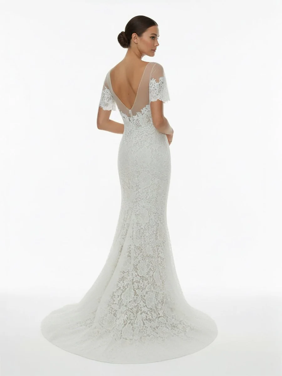 Mermaid Scoop Illusion Neck Floral Wedding Dress