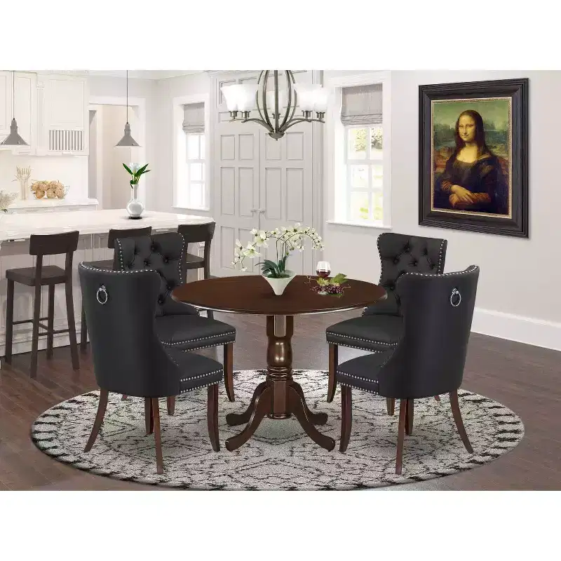 HomeStock Belmont 5 Piece Dining Room Set Consists of a Round Kitchen Table with Dropleaf and 4 Upholstered Chairs, Mahogany