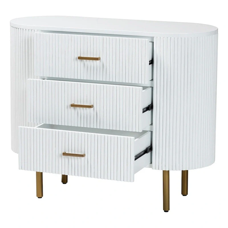 Mid-Century 3-Drawer Dresser | White Fluted Wood & Gold Metal Legs | 39
