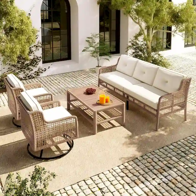 4 Pieces Patio Sofa Furniture Set 3-seater Sofa, 2 Swivel Chairs and Solid Wood Tabletop Coffee Table, Outdoor Conversation Set