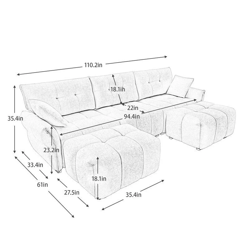 110.2 Chenille 3 Seater Upholstered Sofa, 2 Ottoman