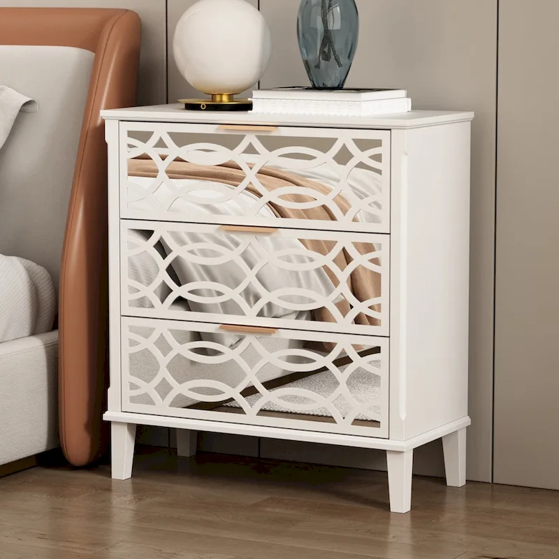 3-Drawer Mirrored Nightstand, White & Gold, Single