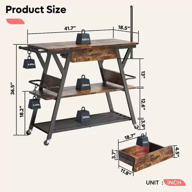 Rustic Brown / Vintage Dark Grey Rolling Kitchen Cart with 3-Tier Shelf, Lockable Wheels