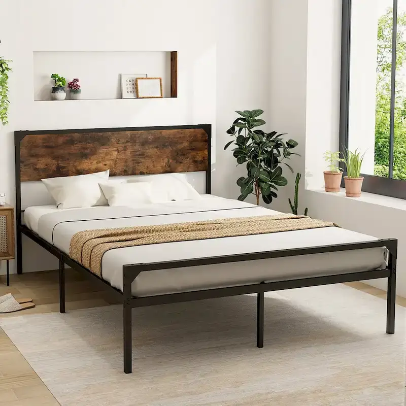 Platform Full/Queen Bed with Rustic Headboard and Footboard