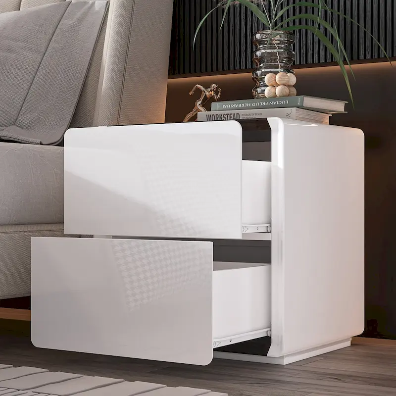 White High Gloss Nightstand with LED Lights - 2 Drawers