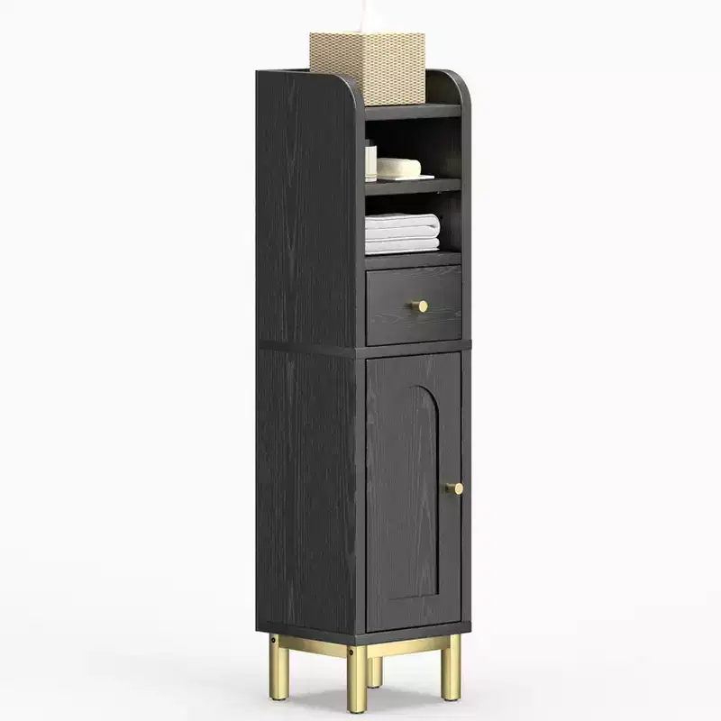 KOLIGEY Bathroom Storage Cabinet Modern Corner Floor Cabinet Small Storage Organizer Stand with Drawer and Door Adjustable Shelf Black