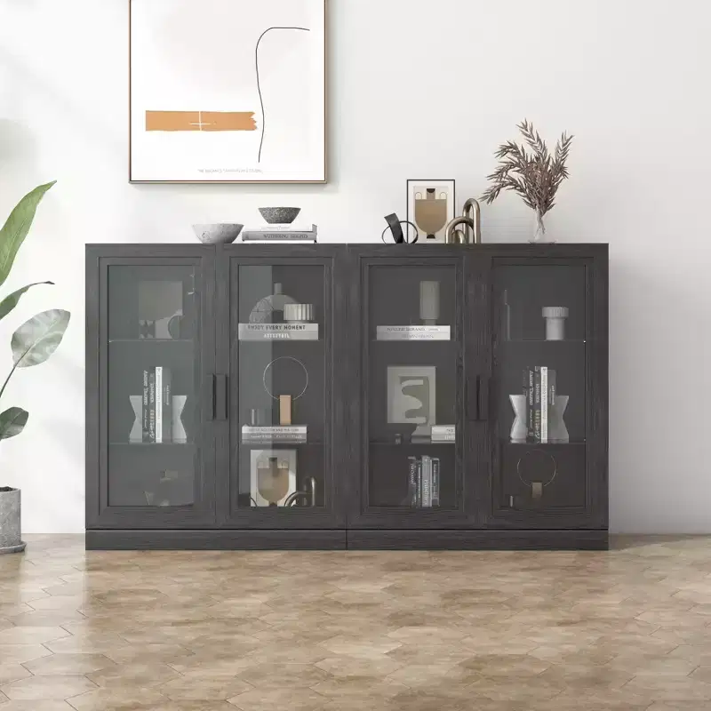 36x62x16 Wood Accent Sideboard Cabinet in Black, Storage Organizer with Adjustable Shelves and Glass Doors for Kitchen Bedroom Living/Dinning Room