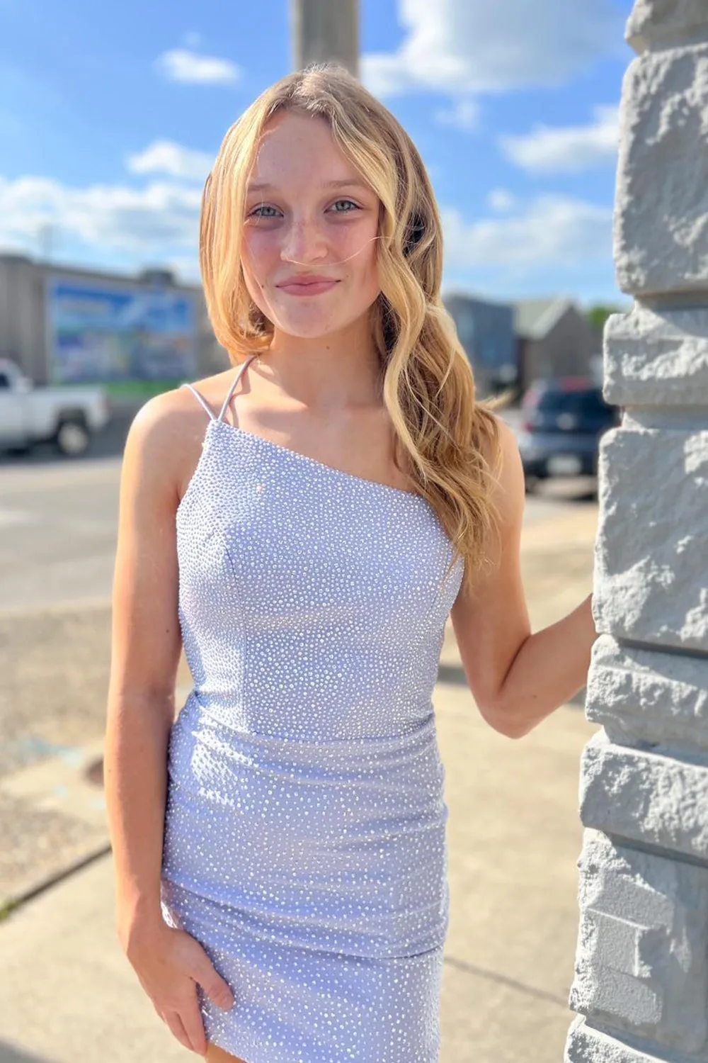 Sheath One Shoulder Lace Up Tight Beaded Homecoming Dress