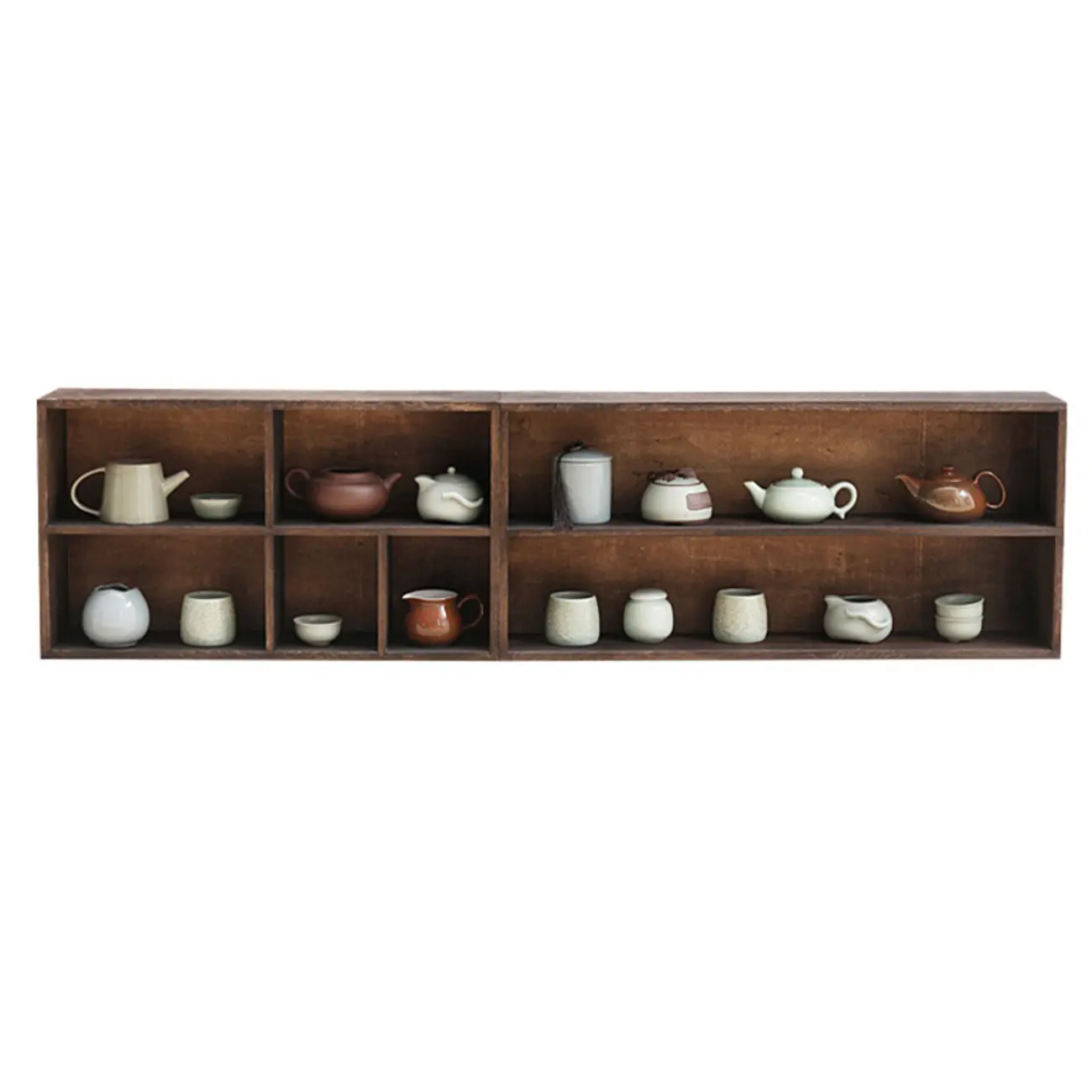 Traditional Long Brown Wood Wall Mount Open Display Cabinet
