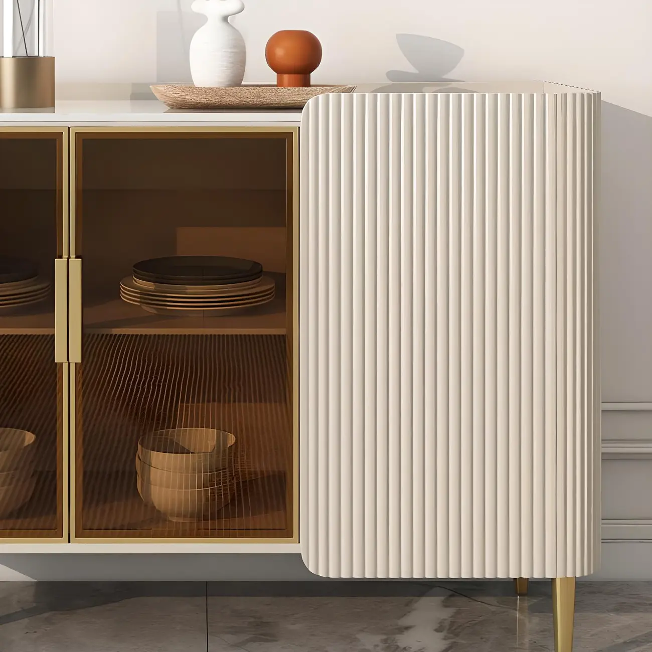 Glam Off-White Stone Countertop Sideboard with Shelves