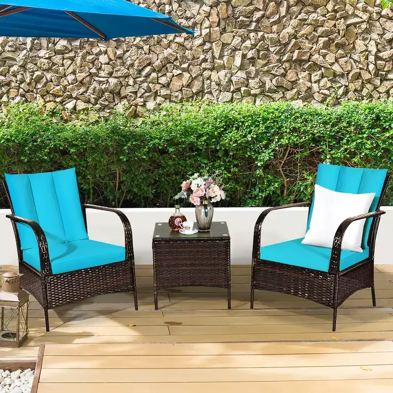 Costway 3 PCS Patio Wicker Rattan Furniture Set Coffee Table & 2 Rattan Chair W/Cushions