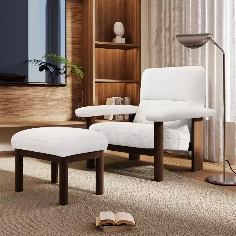 Modern Accent Chair with Ottoman, Mid Century Lounge Chair, Comfy Fabric Armchair with Solid Wood Frame for Living Room, White - ModernLuxe