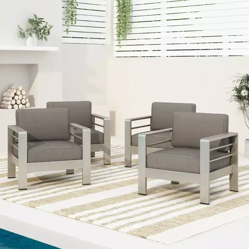 GDFStudio Cape Coral Outdoor Aluminum Club Chairs with Cushions (Set of 4), Khaki/Silver
