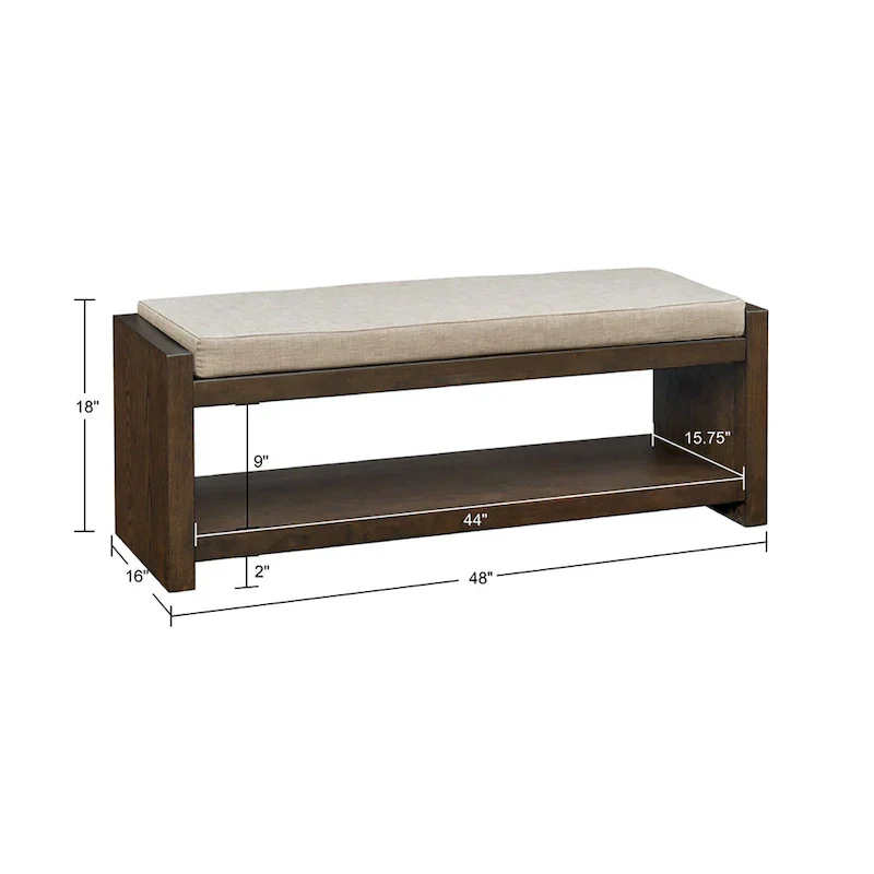 Wood Veneer Accent Bench with Lower Storage Shelf and Cushion